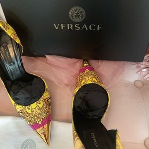 Versace Yellow and Pink Heels Gold Versace Medusa on Tip